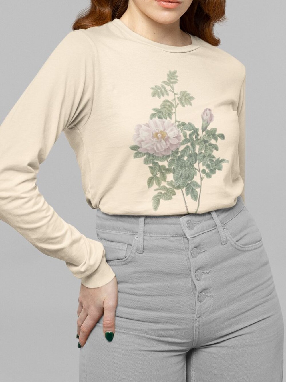Rose Vintage Floral Print Long Sleeve Graphic Tee T-shirt S-XXL